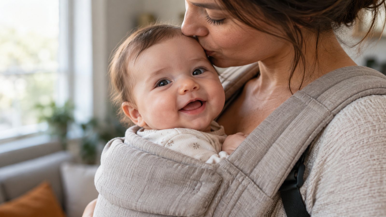 A baby high on a parent chest in a soft carrier, face visible (illustrative)