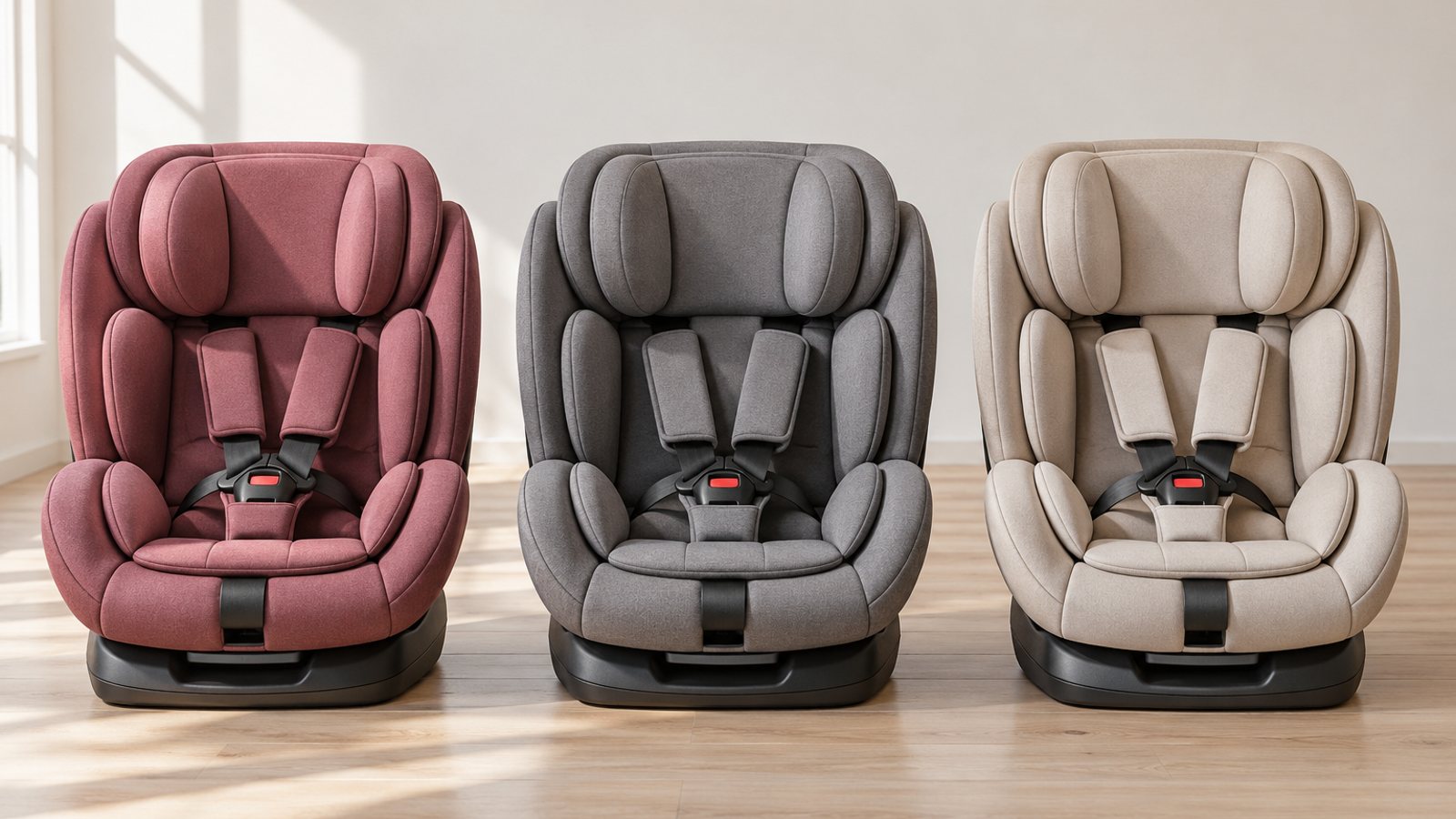 Three unbranded convertible car seats lined up on a wooden floor (illustrative)
