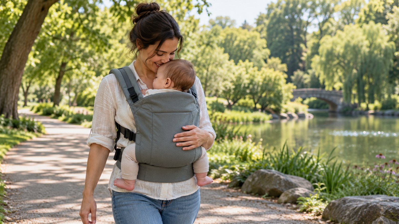A parent walking in a park with a baby in an unbranded soft carrier (illustrative)
