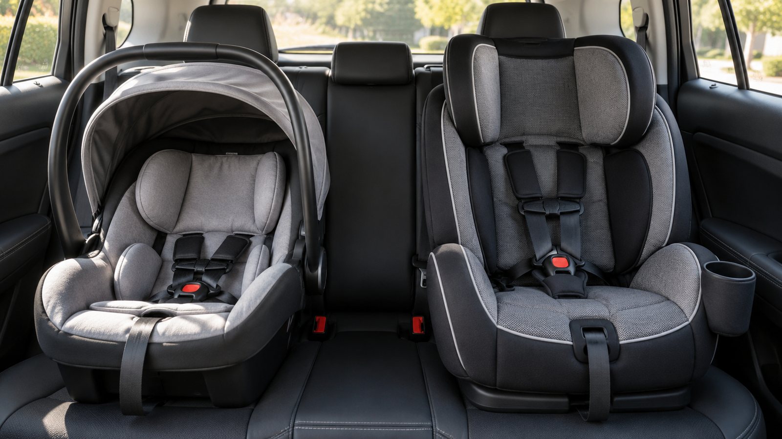 An unbranded infant carrier beside a convertible car seat in a back seat (illustrative)